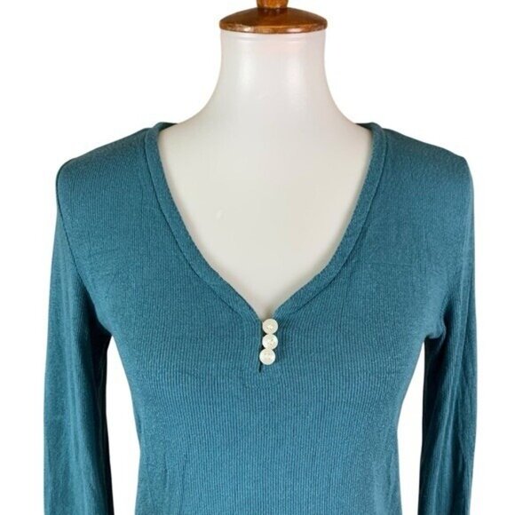 Summersalt Ribbed Long Sleeve Henley Shirt Teal Blue Stretch Modal Blend Large - Picture 2 of 5